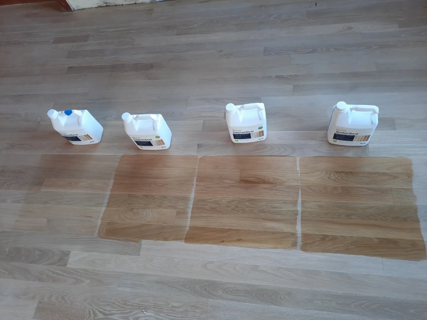 Custom hardwood floor staining in progress